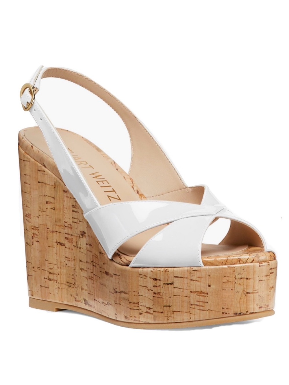 Stuart Weitzman White Patent Cork Platform Wedges